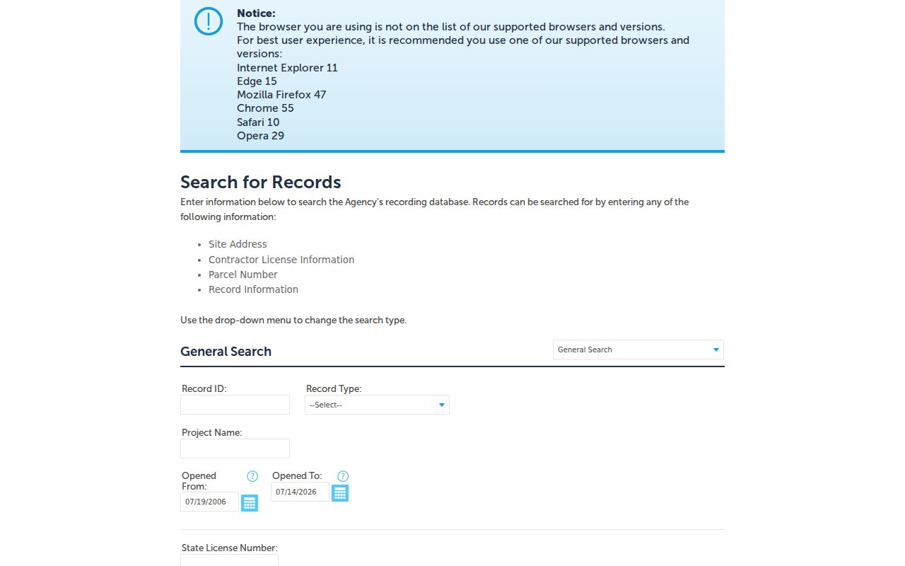 Santee public records search fields in the San Diego County Accela portal