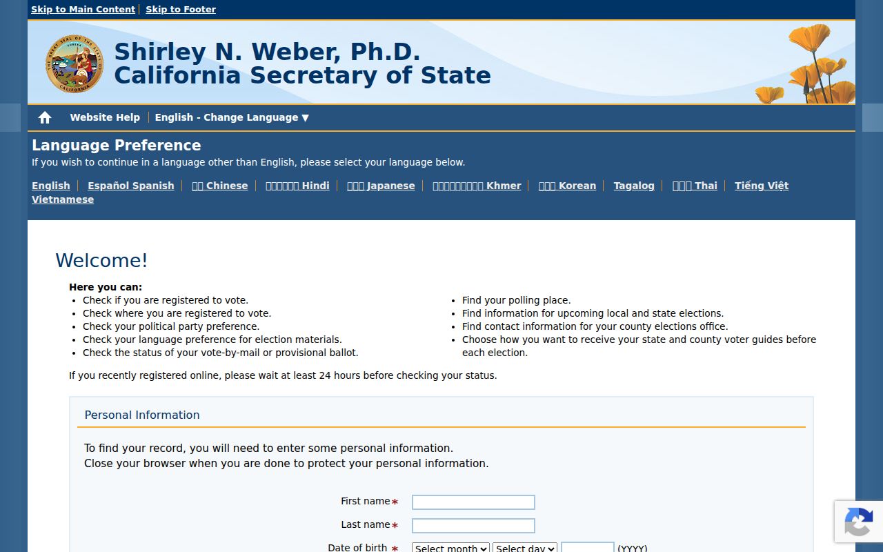Santee voter registration records lookup on California My Voter Status